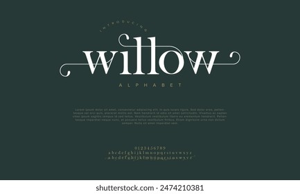 Willow Premium Luxus elegante Alphabet Buchstaben und Zahlen. Klassische Hochzeits-Typografie-Klassiker-Serif-Schrift-dekorativer Vintage-Retro. Kreative Vektorillustration