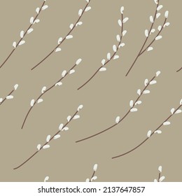 Willow, pussy-willow. Holy Easter background. Vector flat cartoon botanical seamless pattern. Perfect for textile, fabric, wrapping
