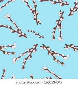 Willow seamless pattern on a blue background. Spring, Easter, spring trees. Printing on textiles.Abstract background. Vector illustration.