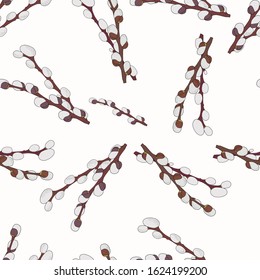 Willow seamless pattern on a white background. Spring, Easter, spring trees. Printing on textiles.Abstract background. Vector illustration.