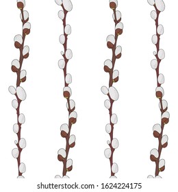 Willow seamless pattern on white background. Spring, Easter, spring trees. Printing on textiles.Abstract background. Vertical willow branches.Vector illustration.