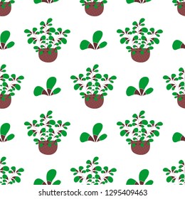 Willow sprig in basket, spring decoration. Three color damask seamless vector pattern. Green, brown and white background. 