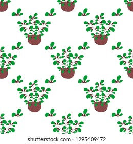 Willow sprig in basket, spring decoration. Three color damask seamless vector pattern. Green, brown and white background. 