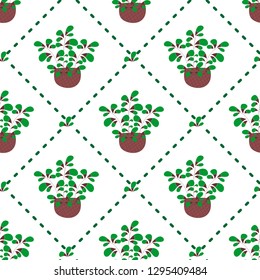 Willow sprig in basket, spring decoration. Three color damask seamless vector pattern. Green, brown and white background. 
