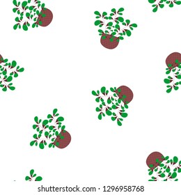 Willow sprig in basket, spring decoration. Three color damask seamless vector pattern. Green, brown and white background. 