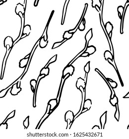 Willow sprigs on white backdrop.  Easter seamless pattern for apparel, wallpaper, wrap paper, sleeper, bath tile or bed linen. Phone case or cloth print art. Drawn style stock vector illustration