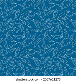 Willow Tree Branch Seamless Pattern. Eucalyptus Leaves Modern Contour Ornament. Line Art Plant. Outline Laurel Twig. Floral Vector Background For Design Textile Print, Scrapbooking, Wrap, Gift Paper