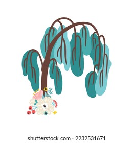 Willow tree with flowers. Vector illustration in simple cartoon hand drawn style. Isolate on a white background