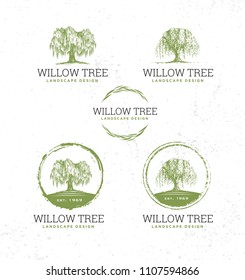 Willow Tree Landscape Design Creative Vector Nature Friendly Sign Concept. Sustainable Eco Illustration On Rough Textured Background. 