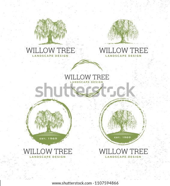 Willow Tree Landscape Design Creative Vector Nature\
Friendly Sign Concept. Sustainable Eco Illustration On Rough\
Textured Background. 