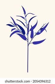 Willow tree leaves on a branch trendy vector illustration. Gum tree foliage natural leaf designer art. Botanical elements set bundle hand drawn in flat minimalist style. Mono colour decorative drawing