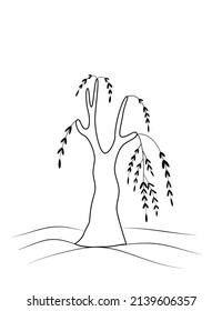 Willow tree on the hill. Willow vector. Tree drawing. Black and white tree. 