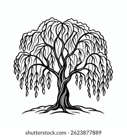 Willow Tree Outline Vector on White Background
