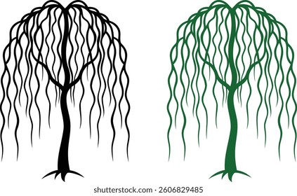Willow Tree Silhouette color Vector with Elegant Hanging Branches art illustration.