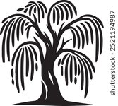 Willow Tree Vector Silhouette Illustration , Willow Tree Illustration , Willow Tree Art Drawing , Tree Vector Silhouette Illustration