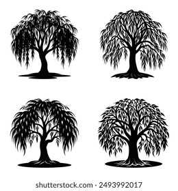 Willow Trees set Silhouette Vector illustration