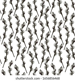 Willow twig. Branch of a tree. Repeating vector pattern. Isolated colorless background. Cartoon style. Seamless spring ornament. Delicate background from plants. Happy Easter. Fluffy plant. Spring 
