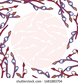 Willow twig frame with copy space on white backdrop. Round wreath for marriage or gift card, scrapbooking, pillowcase, bath tile. Invitation or postcard print. Retro style stock vector illustration