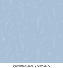 Weidenzweige, Bögen auf blauem Hintergrund, nahtloses Muster, Konturzeichnung von Hand, Vektorgrafik. Festliche zarte Muster Vorlage für Dekoration, Design, Stoff, Tapete, Umhüllungspapier