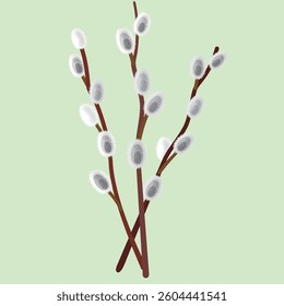 willow twigs on a light green background. The Easter and spring symbols are painted in a flat style. stock vector illustration. EPS 10