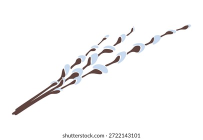 Galhos salgueiros em um fundo branco, ilustração de vetor de cor, design plano. Elemento festivo decorativo para design, decoração, cartaz. Brotos de salgueiro fofo na primavera para a Páscoa