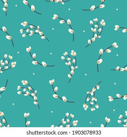  Willow twigs seamless background. Easter holiday background. Design for paper, textile, scrapbooking, printing. Vector illustration