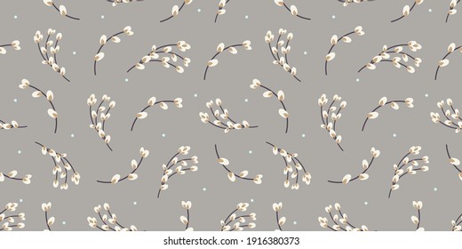  Willow twigs seamless background. Willow twigs on a gray background. Spring pattern.Design for paper, textiles. Vector flat illustration