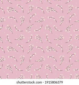  Willow twigs seamless pattern. Willow branches on a pink background.Spring pattern. 