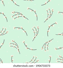  Willow twigs seamless pattern. Easter spring background with willow. Design for paper, textile, scrapbooking. Vector flat illustration