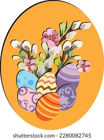 Willow twigs in the shape of a semicircle with flowers and Easter eggs. Spring is in full bloom, the Easter holiday. Joy.
