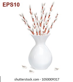 Willow twigs in white vase. Vector illustration