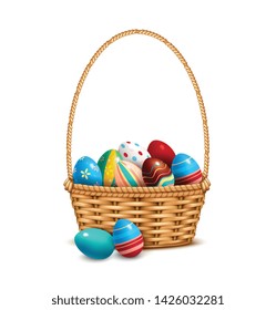 Willow wicker basket one handle full with painted colorful easter eggs closeup realistic isolated image vector illustration 