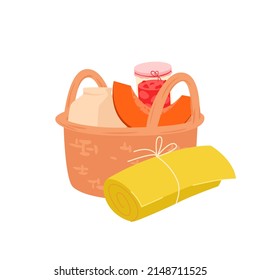 Willow wicker basket with various food. Handcraft picnic hamper full with products, traditional outdoor accessories, lunch time in park, leisure weekend vector illustration