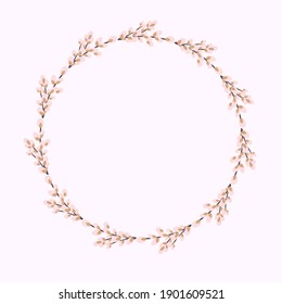 Willow wreath. Round frame made of willow twigs.Easter wreath made of willow stalks.Design for postcards, printing.