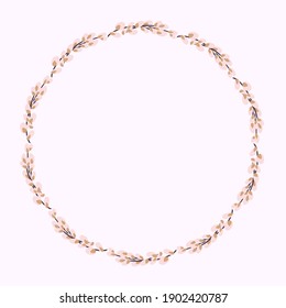 Willow wreath. Round frame made of willow twigs.Easter wreath made of willow stalks.Design for postcards, printing.
