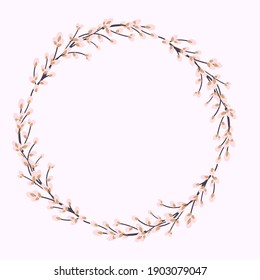Willow wreath. Round frame made of willow twigs.Easter wreath made of willow stalks.Design for postcards, printing.