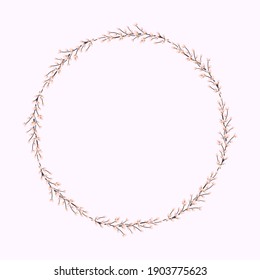 Willow wreath. Round frame made of willow twigs.Easter wreath made of willow stalks.Design for postcards, printing.
