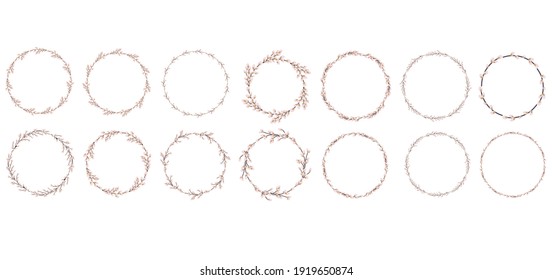  Willow wreath set. Easter round willow wreath.Vector flat illustration isolated on a white background. Design for Easter, invitations, postcards, printing.