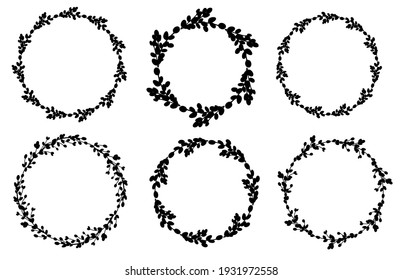  Juego de coronas. Corona floral. Silueta negra de marco redondeado. Ilustración plana vectorial. Diseño para Semana Santa, bodas, invitaciones, impresión