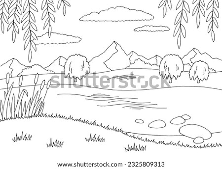 Willows on the banks of the river graphic black white landscape sketch illustration vector