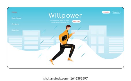 Willpower landing page flat color vector template. Athlete homepage layout. Wet weather one page website interface with cartoon character. Male in sportswear and sneakers web banner, webpage