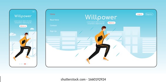 Willpower landing page flat color vector template. Mobile display. Athlete homepage layout. Wet weather one page website interface, cartoon character. Male in sportswear and sneakers banner, webpage