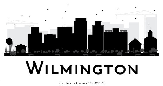 La silueta blanca y negra de la ciudad de Wilmington. Ilustración vectorial. Concepto sencillo y plano para presentación turística, banner, cartel o sitio web. Concepto de viajes de negocios. Paisaje urbano con puntos de referencia