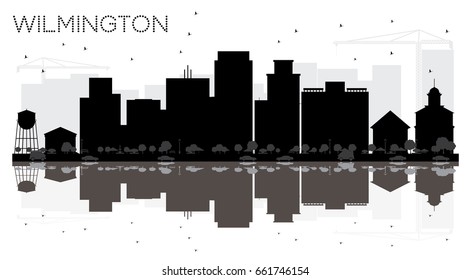 La silueta blanca y negra de la ciudad de Wilmington con reflejos. Ilustración vectorial. Paisaje urbano con puntos de referencia