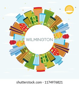 Wilmington Delaware City Skyline with Color Buildings, Blue Sky and Copy Space. Vector Illustration. Business Travel and Tourism Concept with Modern Buildings. Wilmington Cityscape with Landmarks.