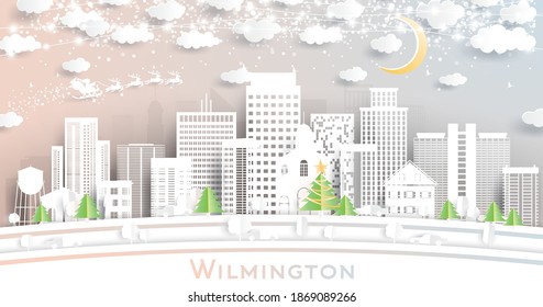 Wilmington Delaware USA City Skyline in Paper Cut Style with Snowflakes, Moon and Neon Garland. Vector Illustration. Christmas and New Year Concept. Santa Claus on Sleigh.