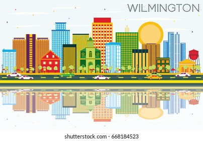 Wilmington Skyline with Color Buildings, Blue Sky and Reflections. Vector Illustration. Business Travel and Tourism Concept with Modern Buildings. Image for Presentation Banner Placard and Web Site.