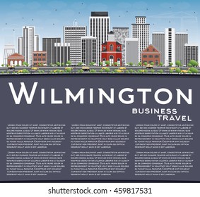 Wilmington Skyline with Gray Buildings, Blue Sky and Copy Space. Vector Illustration. Business Travel and Tourism Concept with Modern Buildings. Image for Presentation Banner Placard and Web Site.