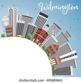 Línea aérea de Wilmington con edificios grises, cielo azul y espacio para copias. Ilustración vectorial. Concepto de viajes de negocios y turismo con arquitectura moderna. Imagen para Presentación Placard Banner y Sitio Web.