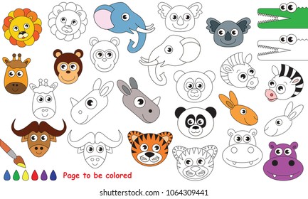 Wils animal faces set to be colored, the coloring book for preschool kids with easy educational gaming level.